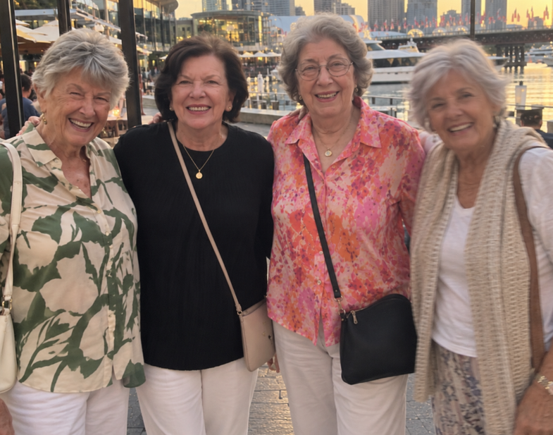 Margaret and friends arm in arm on a harbour boardwalk at sunset