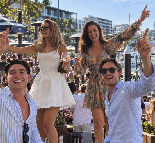 Rachel Georgiou: Two women and two men laughing with their arms in the air at a busy waterfront bar in the afternoon sun, holding glasses of rose, with a marina and apartments behind them