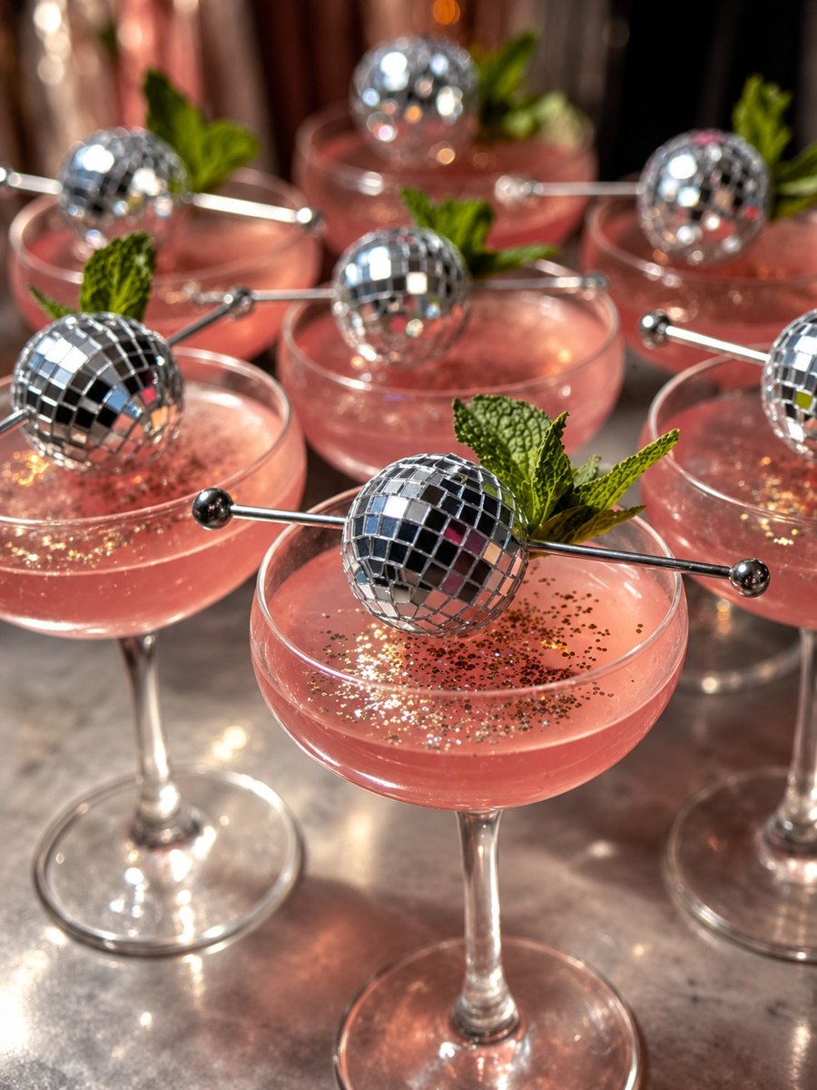 Pink cocktails with mint and tiny disco ball garnishes lined up on a bar