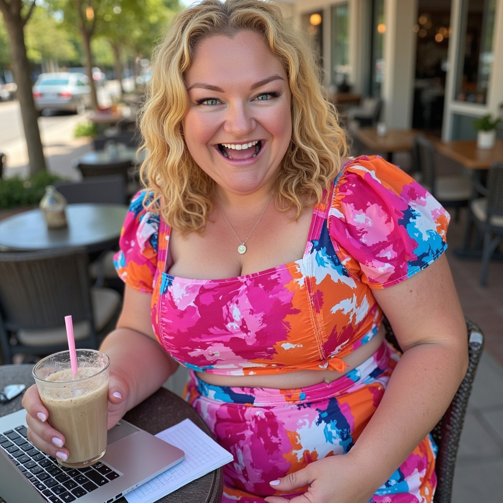 Nyree laughing at a cafe table with her laptop and an iced coffee, in a bright floral dress