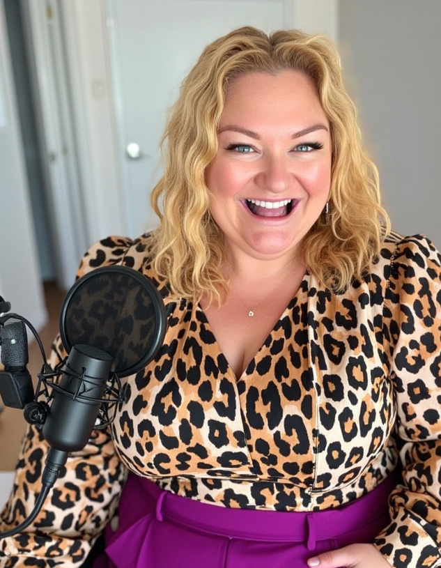 Nyree laughing behind a podcast microphone in a leopard print top