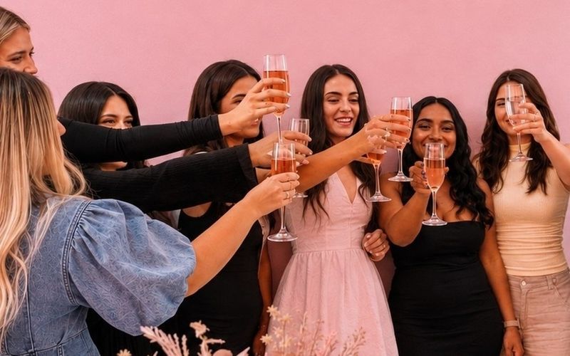 Six friends raising pink drinks together against a pink wall on a Brisbane girls weekend