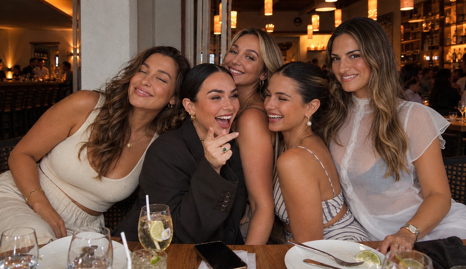 Five friends squeezed together laughing over dinner on a girls weekend