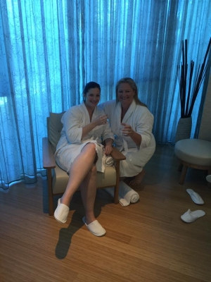 Photo sent in with this review: Two friends in white robes relaxing in a day spa lounge