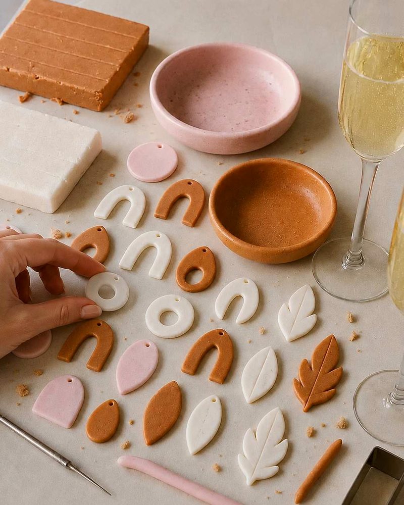 Cut clay earring shapes in pink and terracotta beside tools and two glasses of bubbles
