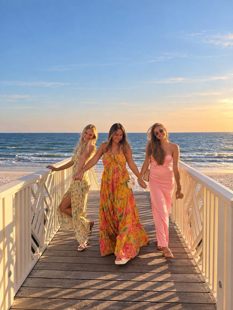 Three friends in maxi dresses walking hand in hand to the beach at golden hour