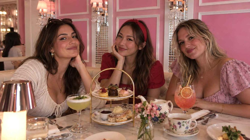 Three friends at high tea in a pink room with a tiered cake stand