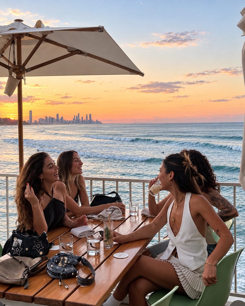 Four friends laughing over drinks on an oceanfront deck at sunset