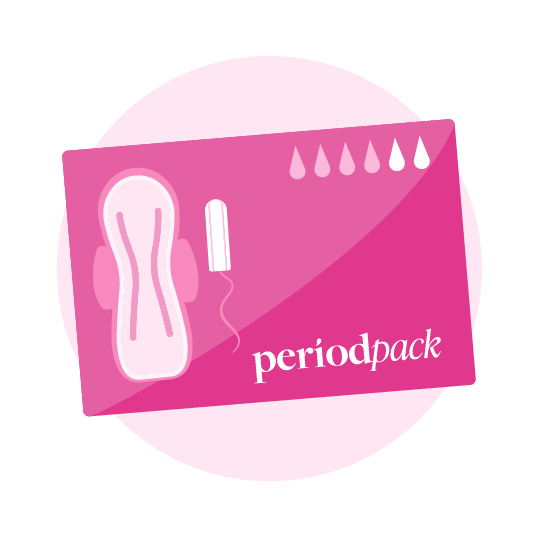 An illustrated pack of period products.