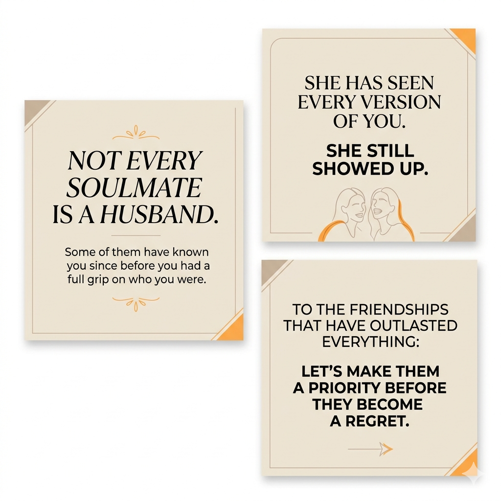 Three square social media tiles for MUGT featuring quotes on lifelong female friendship for an Australian women's getaway.