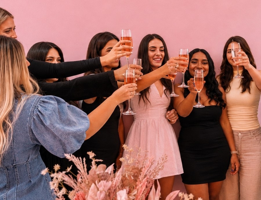 A group of friends in dresses raising glasses of bubbles together in front of a pink wall