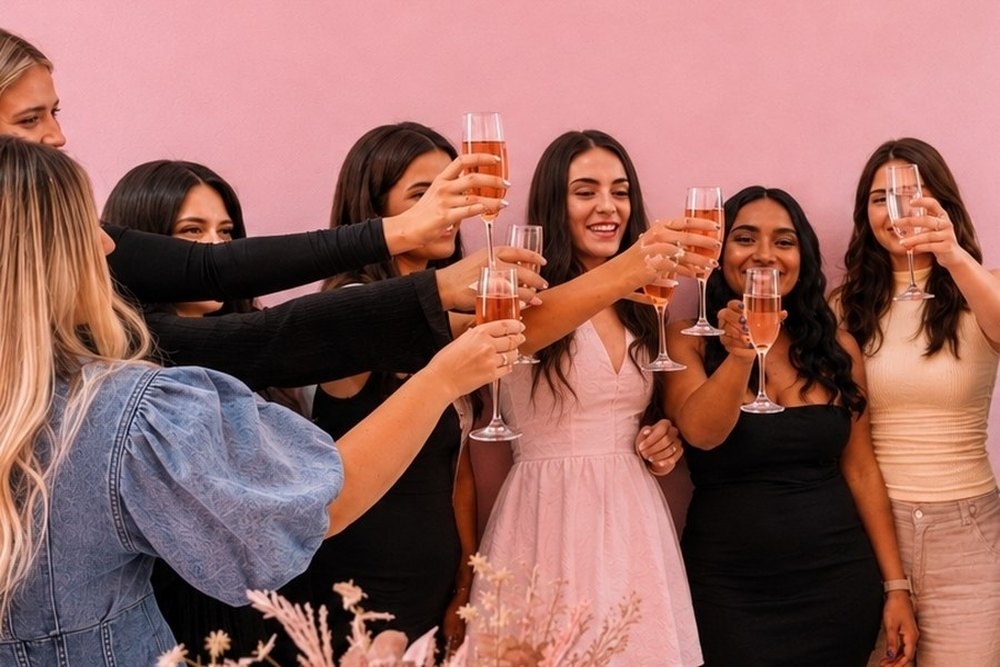 A group of friends in party dresses raising pink drinks together in front of a pink wall