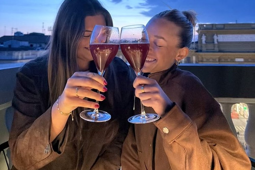 Two friends clinking glasses on a rooftop at dusk